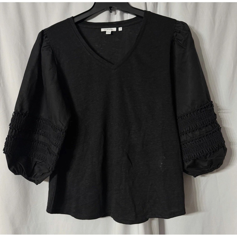 NWT Chicos Womens Black Linen Pom Pom 3/4 Sleeve Top Blouse Shirt Size 2 Large